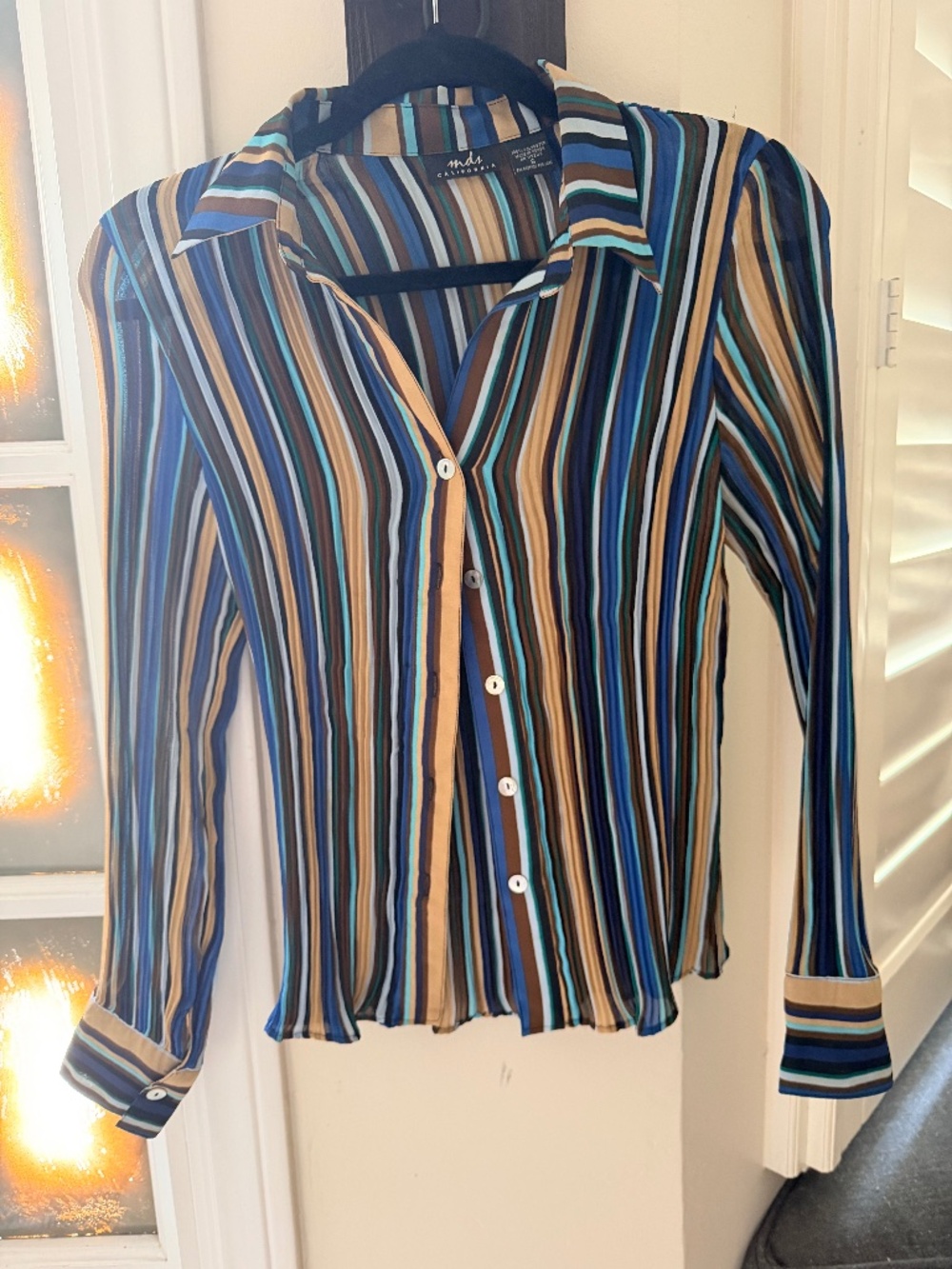 MDS California Sheer Striped Button-Up Blouse | Size S | Y2K Blue Brown Stretch